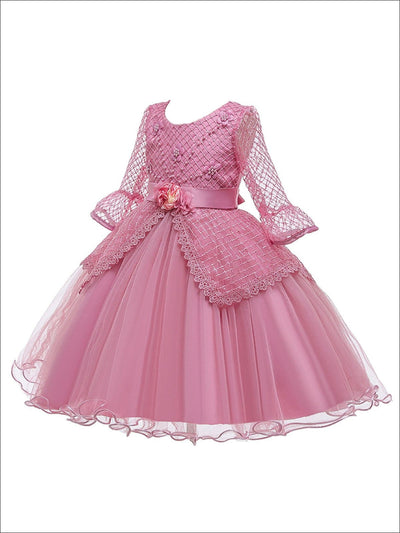 Girls Long Sleeve Lace Princess Holiday Dress With Flower Sash - Girls Fall Dressy Dress