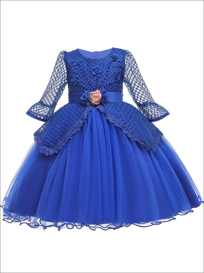 Girls Long Sleeve Lace Princess Holiday Dress With Flower Sash - Blue / 3T - Girls Fall Dressy Dress