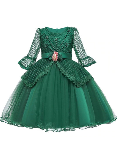 Girls Long Sleeve Lace Princess Holiday Dress With Flower Sash - Green / 3T - Girls Fall Dressy Dress