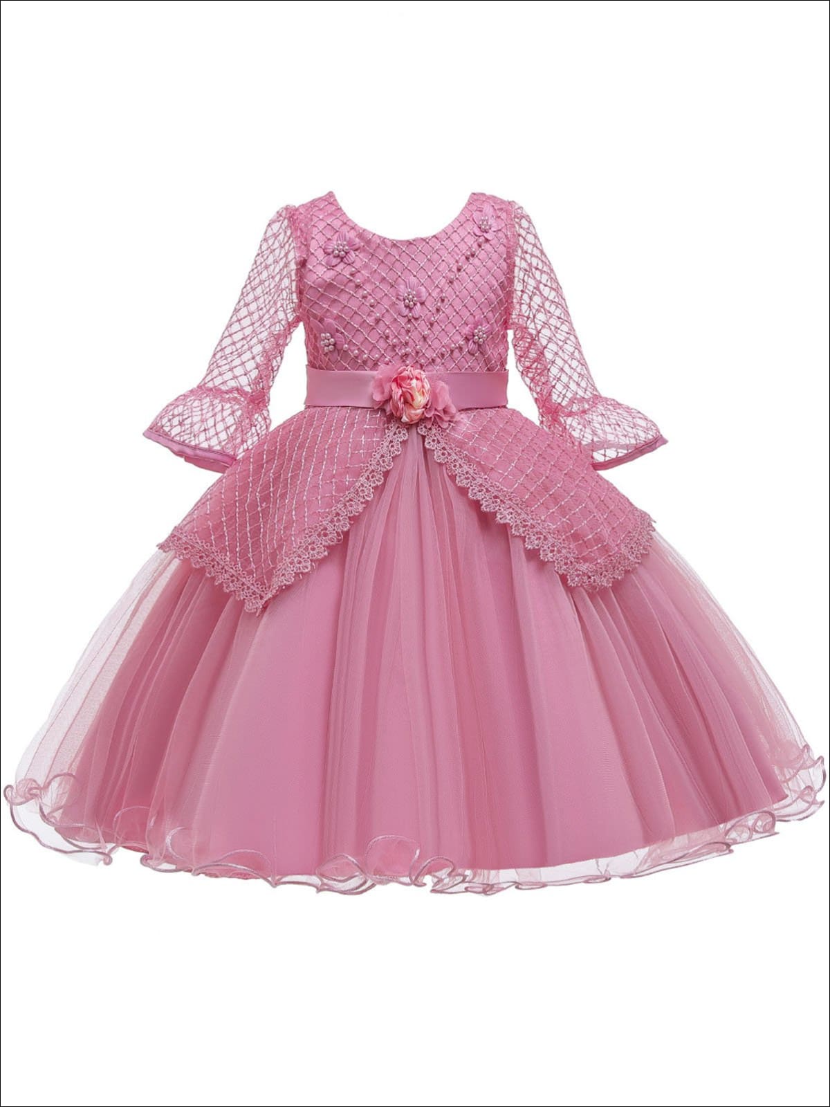 Girls Long Sleeve Lace Princess Holiday Dress With Flower Sash - Pink / 3T - Girls Fall Dressy Dress