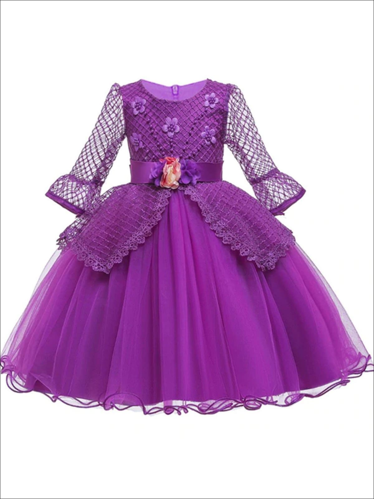 Girls Long Sleeve Lace Princess Holiday Dress With Flower Sash - Purple / 3T - Girls Fall Dressy Dress