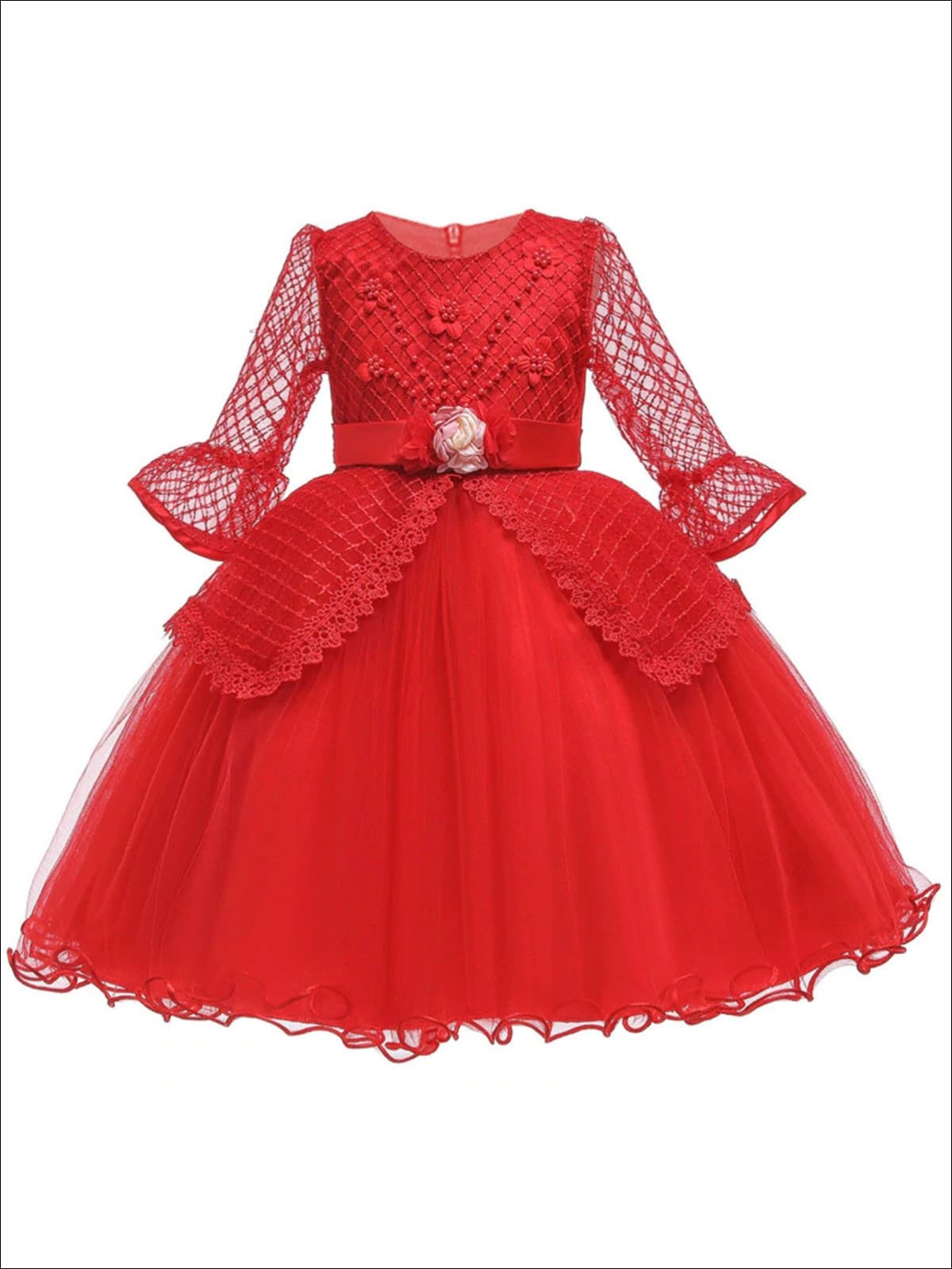 Girls Long Sleeve Lace Princess Holiday Dress With Flower Sash - Red / 3T - Girls Fall Dressy Dress