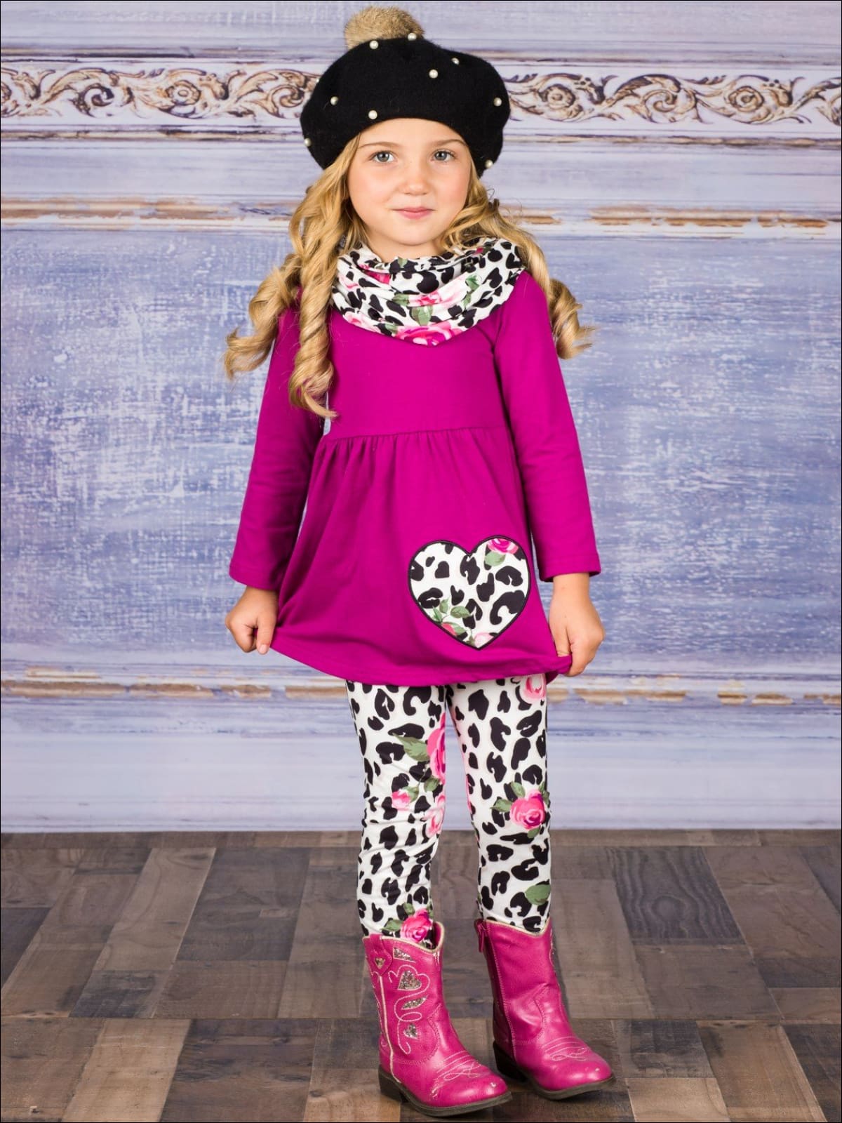 Valentine's Outfits | Leopard Floral Heart Tunic, Scarf & Legging Set