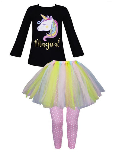 Girls Long Sleeve Magical Unicorn Rainbow Tutu Tunic & Polka Dot Leggings Set - Girls Fall Casual Set