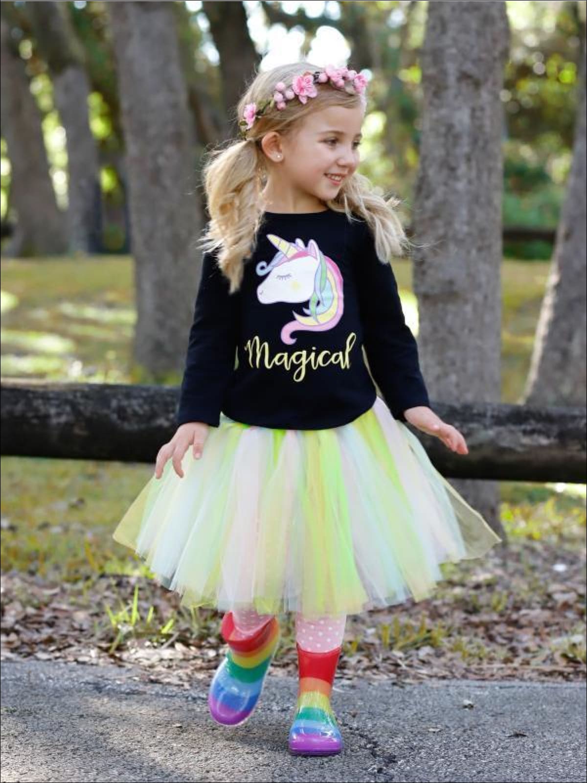 Girls Long Sleeve Magical Unicorn Rainbow Tutu Tunic & Polka Dot Leggings Set - Multicolor / S-3T - Girls Fall Casual Set