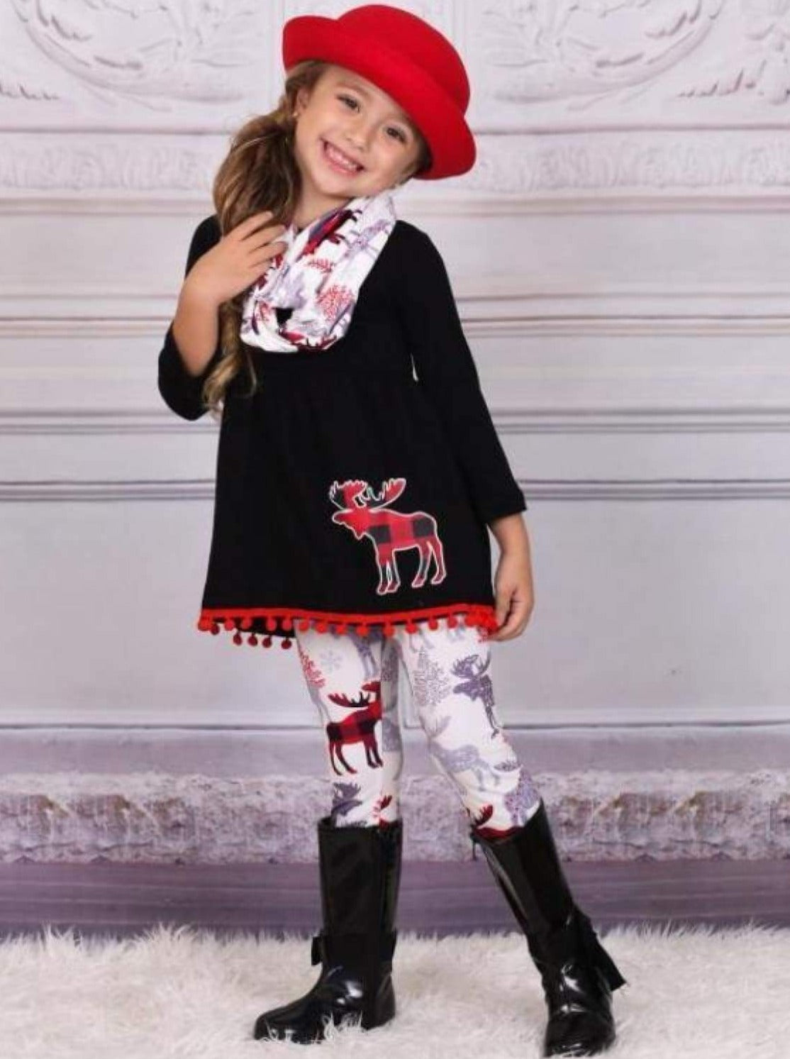 Girls Long Sleeve Moose Applique Tunic with Pom Pom Trim Printed Leggings & Scarf Set - Girls Christmas Set