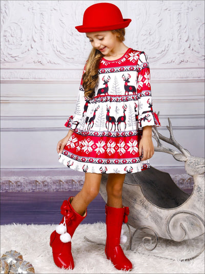 Girls Long Sleeve Moose Print Dress with Bell Sleeves - Girls Christmas Dress