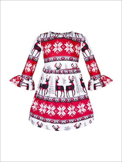 Girls Long Sleeve Moose Print Dress with Bell Sleeves - Red / S-3T - Girls Christmas Dress