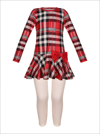 Girls Long Sleeve Peplum Bow Tunic & Leggings Set - Red / 2T/3T - Girls Fall Casual Set
