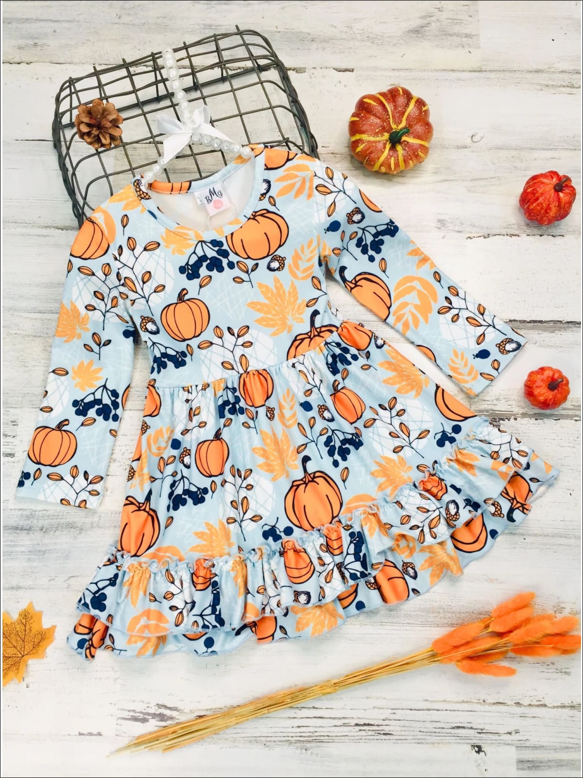 Girls Long Sleeve Pumpkin Leaves Print Double Ruffle Hem Dress - Blue / 2T - Girls Fall Casual Dress