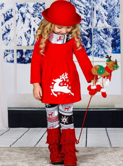 Girls Long Sleeve Reindeer Tunic, Winter Print Leggings & Scarf Set