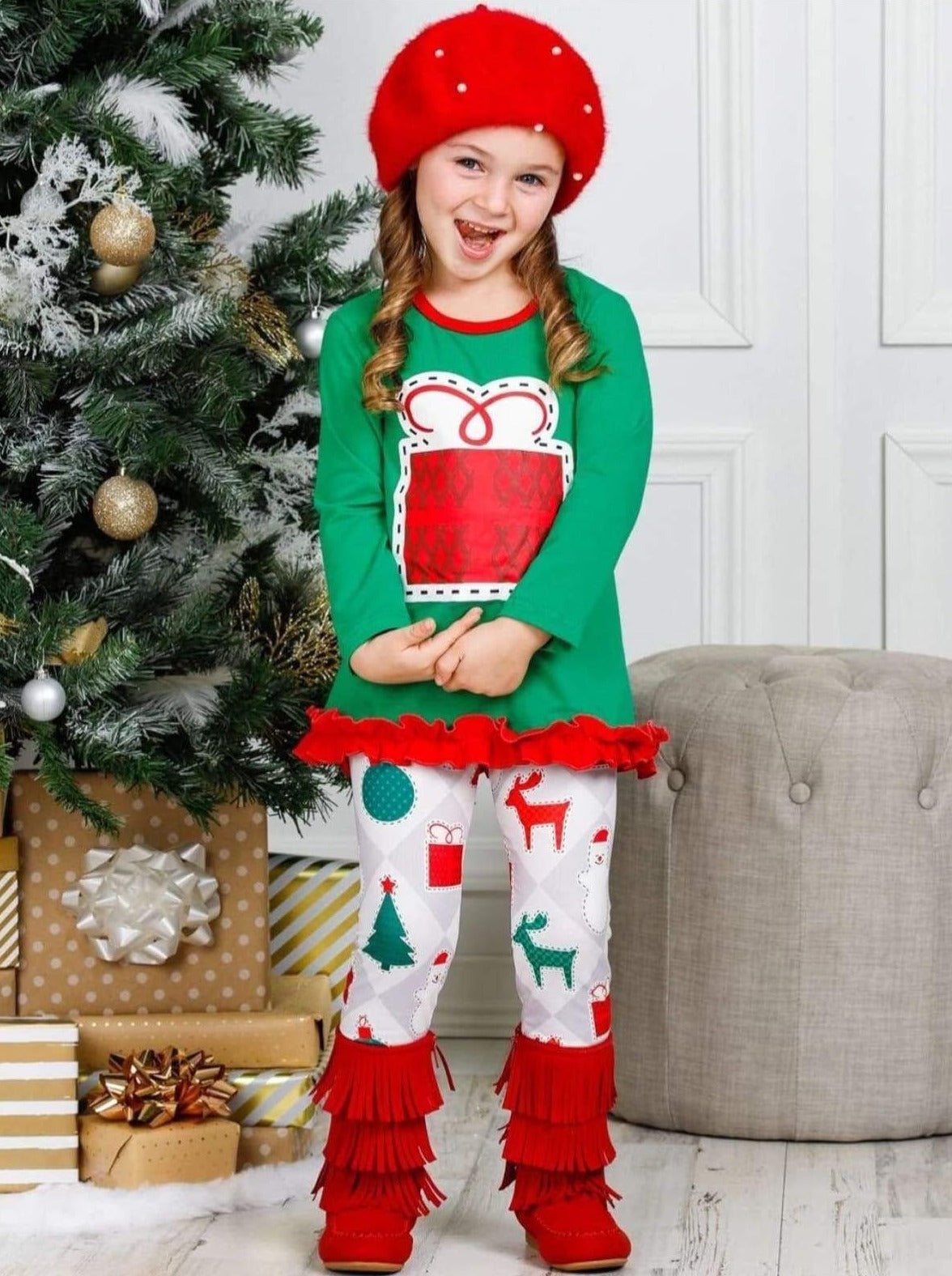 Cute Winter Sets | Girls Christmas Gift Tunic And Printed Legging Set