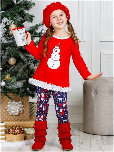 Girls Long Sleeve Ruffled Applique Tunic & Printed Leggings Set - Girls Christmas Set