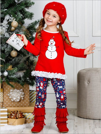 Girls Long Sleeve Ruffled Applique Tunic & Printed Leggings Set - Girls Christmas Set