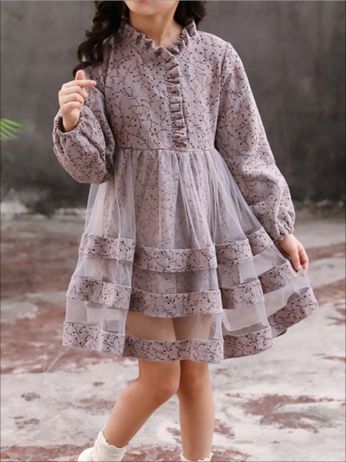 Girls Long Sleeve Ruffled Floral Print Dress (2 Color Options) - Grey / 5Y - Girls Fall Casual Dress