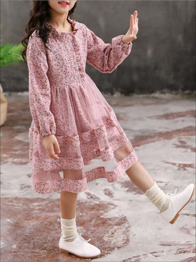Girls Pink Dress | Chic Floral Sheer Trim Dress | Mia Belle Girls