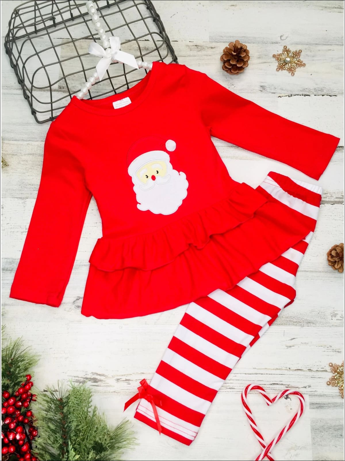 Girls Long Sleeve Santa Applique Double Ruffle Peplum Tunic & Striped Leggings Set - Red / 2T - Girls Christmas Set