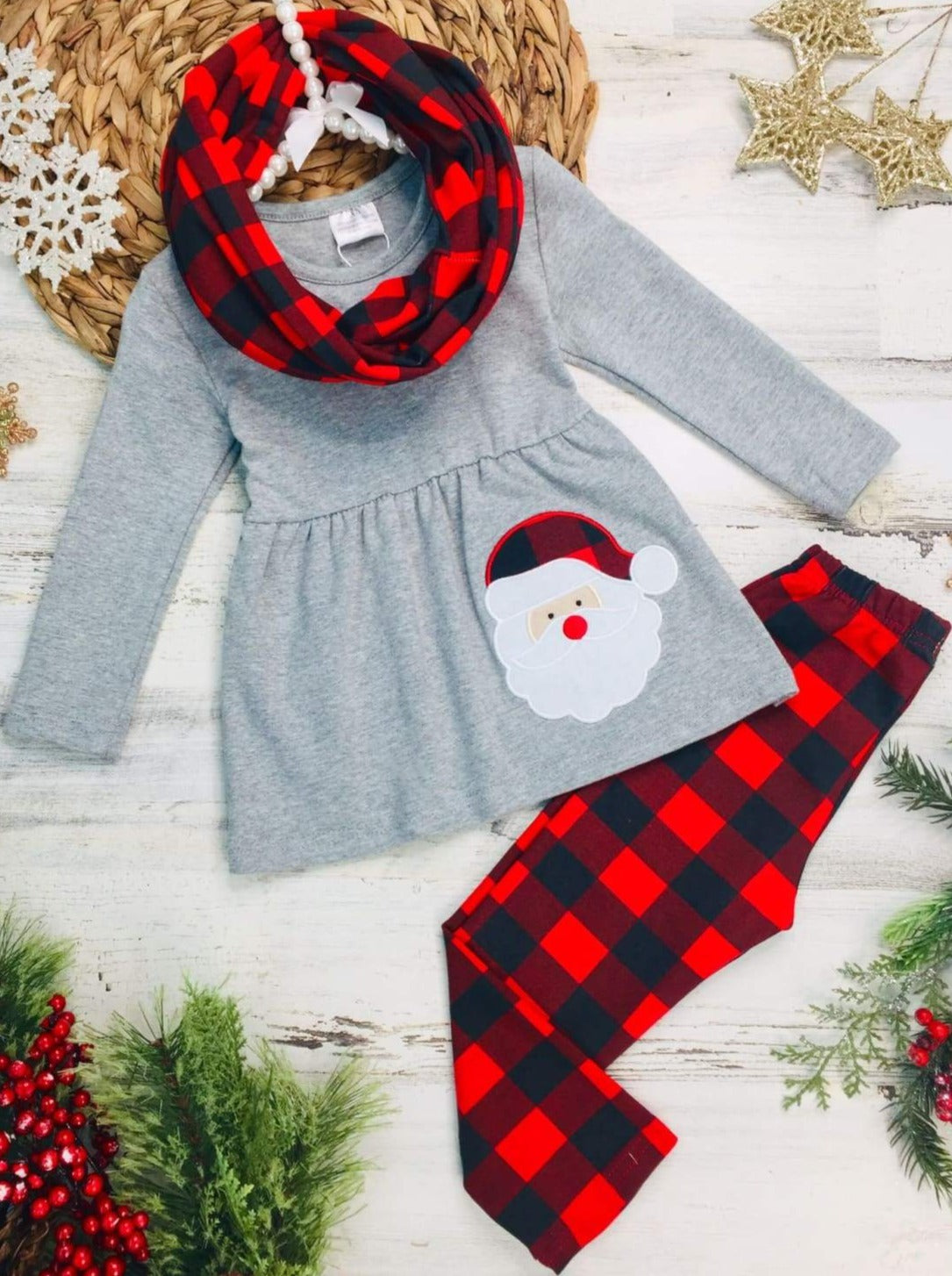 Cute Christmas Outfits | Girls Santa Tunic, Plaid Scarf & Legging Set