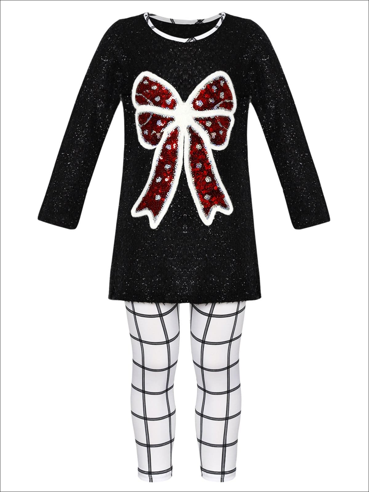 Girls Long Sleeve Sequin Bow Applique Tunic & Leggings Set - Black / 2T/3T - Girls Fall Casual Set
