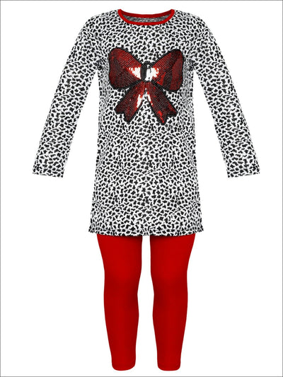 Girls Long Sleeve Sequin Bow Applique Tunic & Leggings Set - Red / 2T/3T - Girls Fall Casual Set