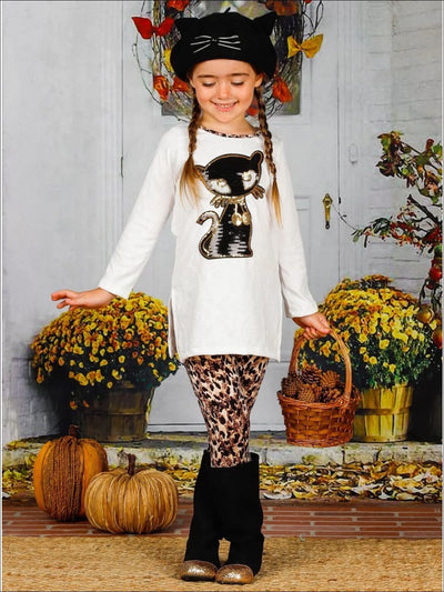 Girls Long Sleeve Sequin Cat Applique Tunic & Animal Print Leggings Set - Girls Fall Casual Set