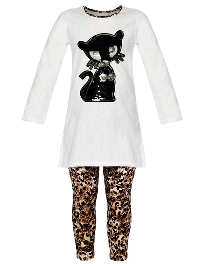 Girls Long Sleeve Sequin Cat Applique Tunic & Animal Print Leggings Set - White / 2T/3T - Girls Fall Casual Set