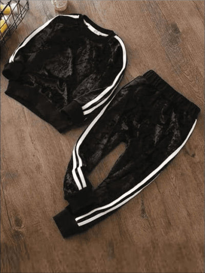 Girls Long Sleeve Striped Fleece Tracksuit - Black / 2T - Girls Fall Sets