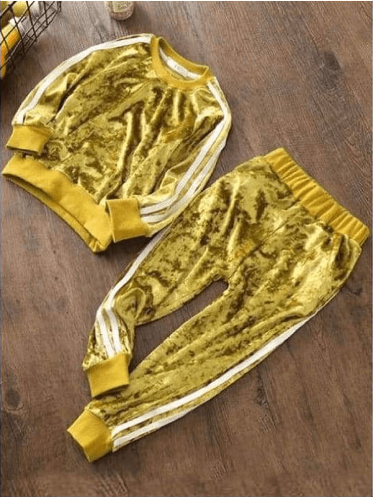 Girls Long Sleeve Striped Fleece Tracksuit - Gold / 2T - Girls Fall Sets