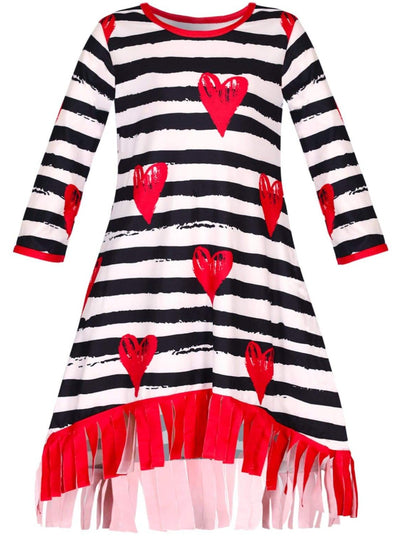 Kids Valentine's Clothes | Little Girls Heart Stripe Fringe Hem Dress