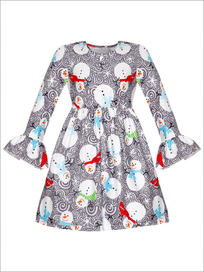 Girls Long Sleeve Swirl Snowman Print Dress with Bell Sleeves - Grey / S-3T - Girls Christmas Dress