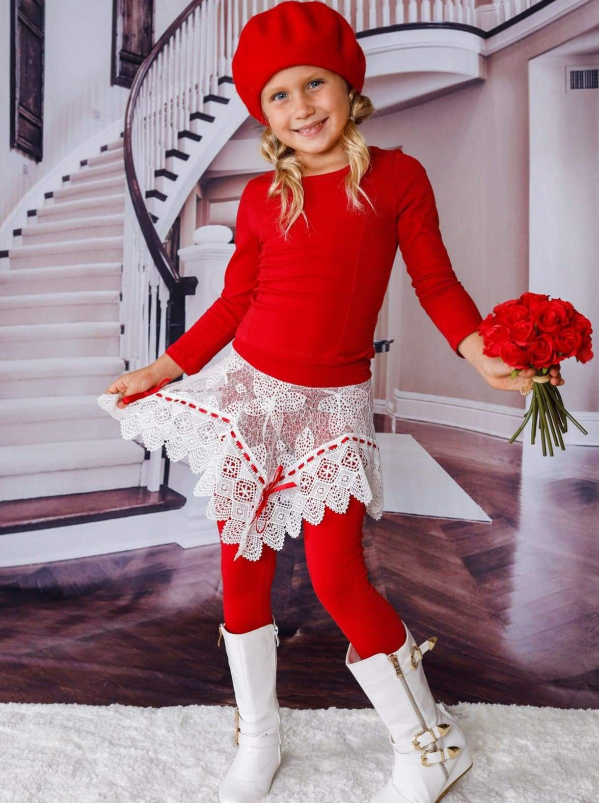 Girls Long Sleeve Tunic Crochet Skirt & Leggings Set - Girls Spring Dressy Set