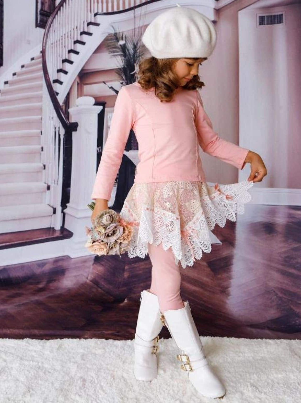 Winter Dressy Sets  Girls Pink Top And Crochet Skirt Legging Set