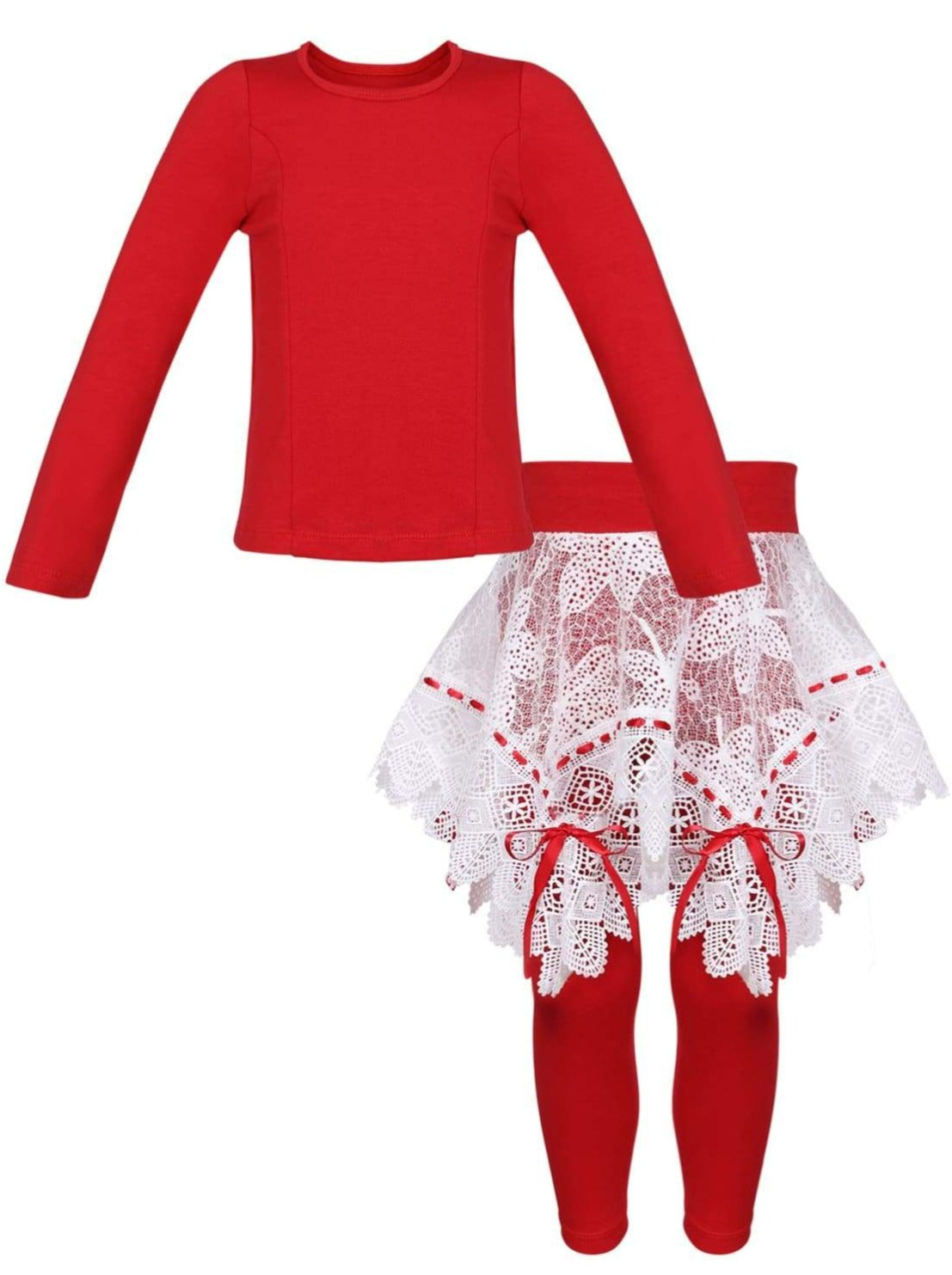 Girls Long Sleeve Tunic Crochet Skirt & Leggings Set - Red / 2T/3T - Girls Spring Dressy Set