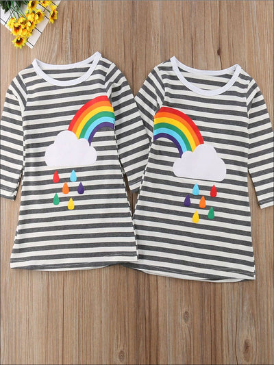 Girls Long Sleeve Twinning Striped Rainbow Dress - Girls Fall Casual Dress
