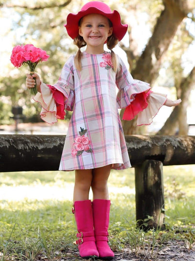 Girls Long Tiered Ruffled Sleeve Dress with Floral Trim - Girls Fall Dressy Dress