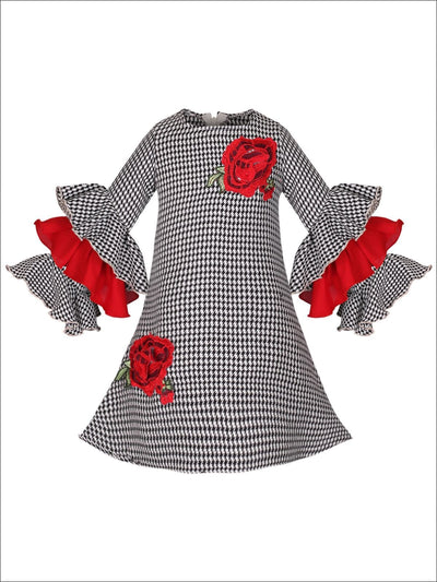 Girls Long Tiered Ruffled Sleeve Dress with Floral Trim - Black / 2T-3T - Girls Fall Dressy Dress
