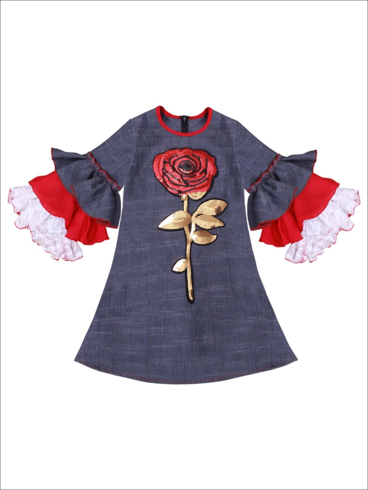 Girls Long Tiered Ruffled Sleeve Dress with Floral Trim - Blue / 2T-3T - Girls Fall Dressy Dress