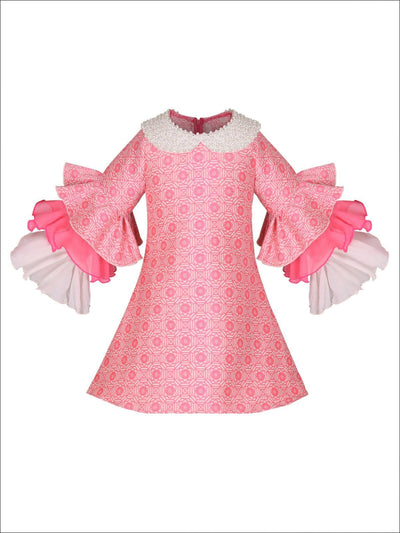 Girls Long Tiered Ruffled Sleeve Dress with Floral Trim - Pink / 2T-3T - Girls Fall Dressy Dress