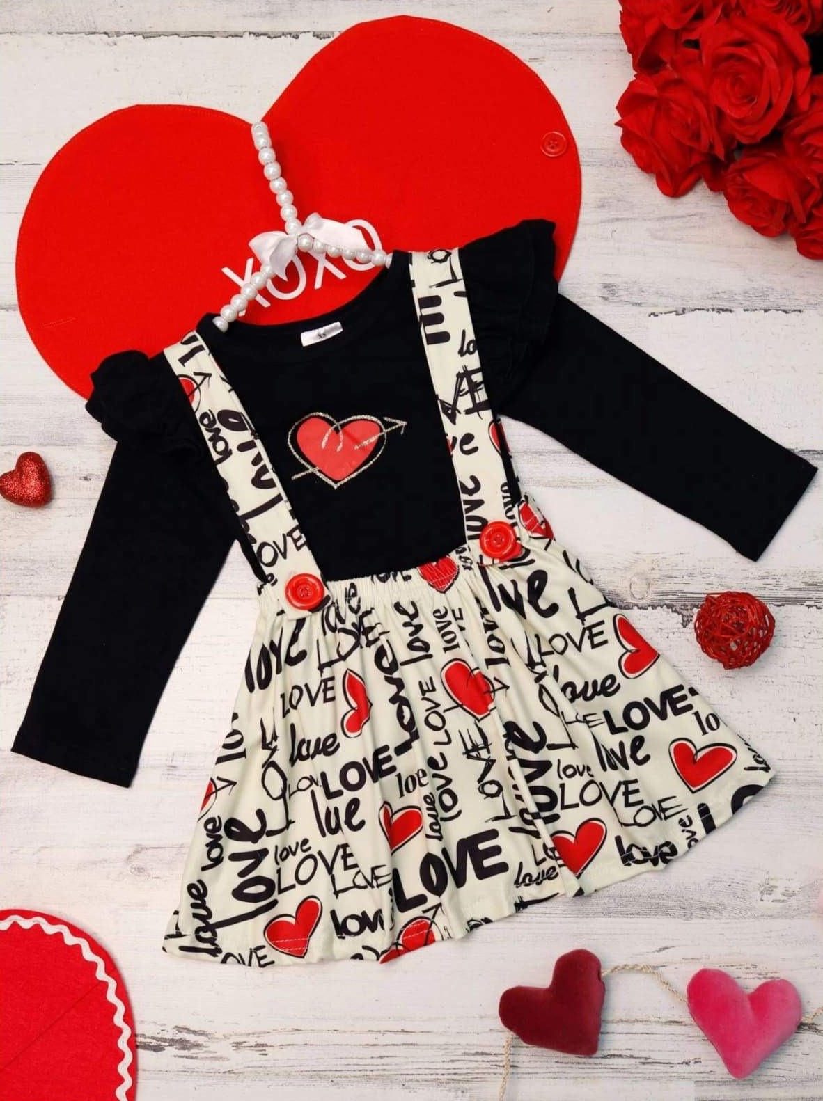 Girls Valentine's Clothes | Ruffle Shoulder Top & Suspender Skirt Set