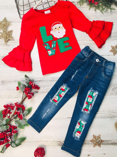 Girls Love Santa Ruffled Top and Ripped Jeans Set - Red / 2T - Girls Christmas Set