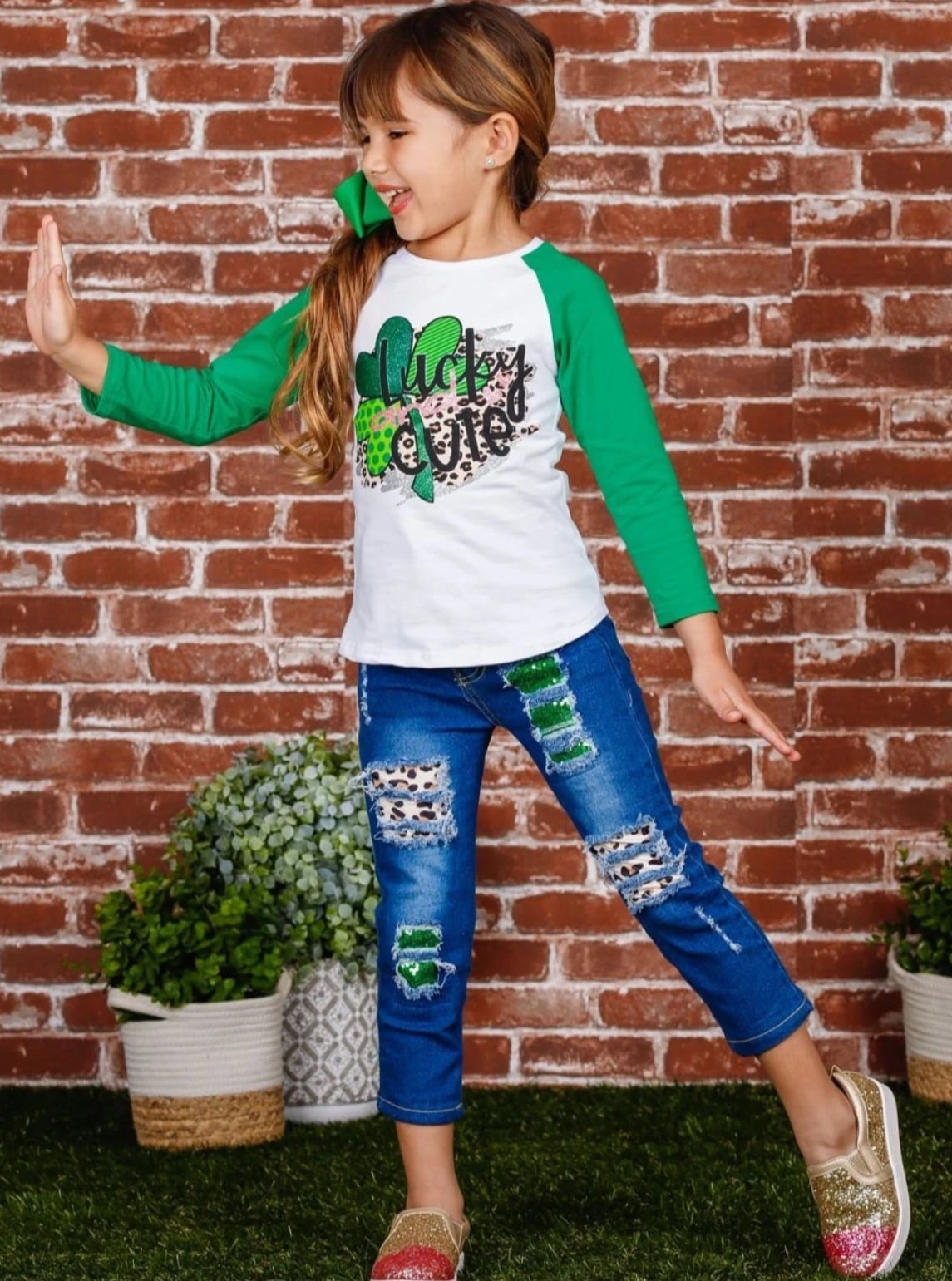 St. Patrick's Day Clothes | Girls Lucky & Cute Top & Patched Jeans Set
