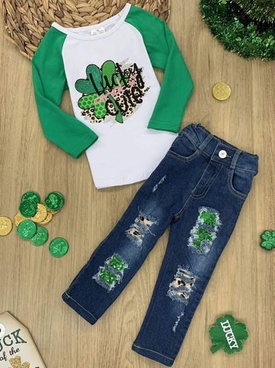 St. Patrick's Day Clothes | Girls Lucky & Cute Top & Patched Jeans Set