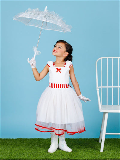 Girls Mary Poppins Inspired Striped Halloween Costume with Lace Gloves - Girls Halloween Costume