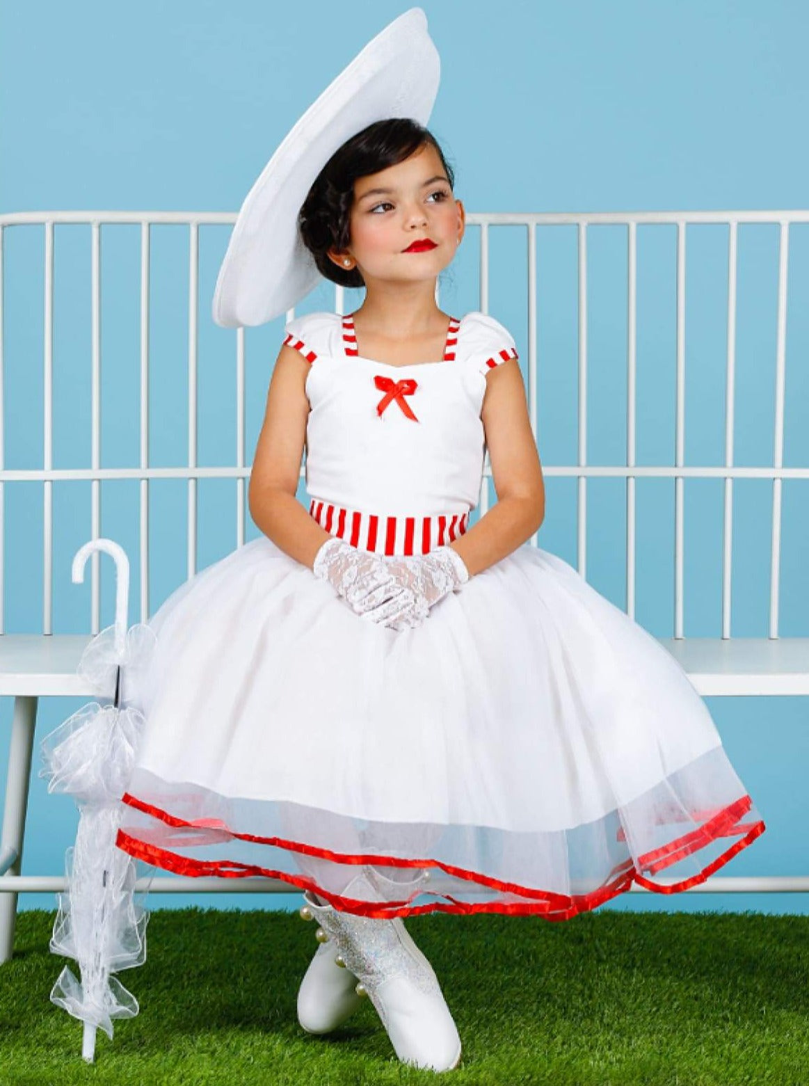 Girls Mary Poppins Inspired Striped Halloween Costume with Lace Gloves - Girls Halloween Costume