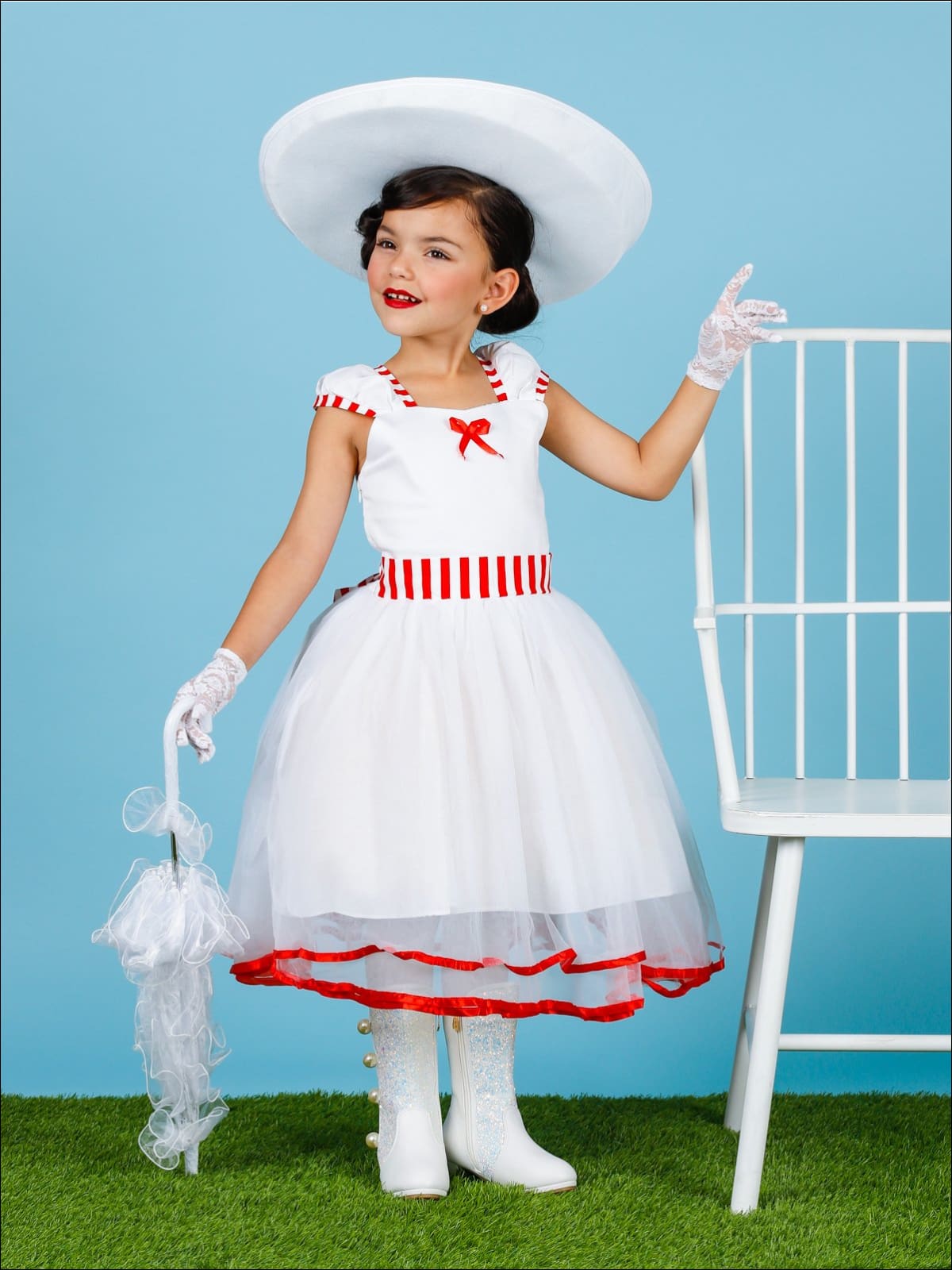 Girls Mary Poppins Inspired Striped Halloween Costume with Lace Gloves - White / 2T - Girls Halloween Costume