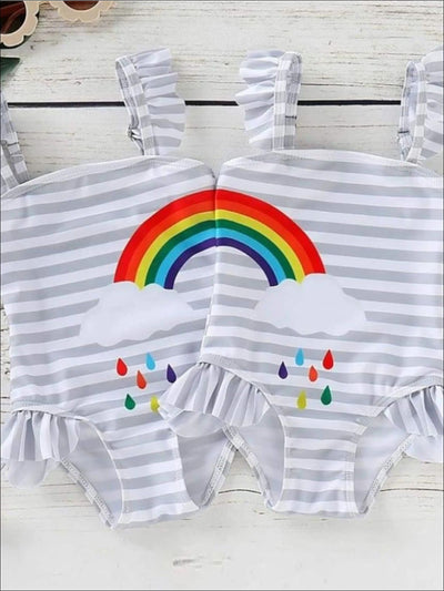 Kids Swimsuits | Matching Best Friends Grey Stripe Rainbow Swimsuit