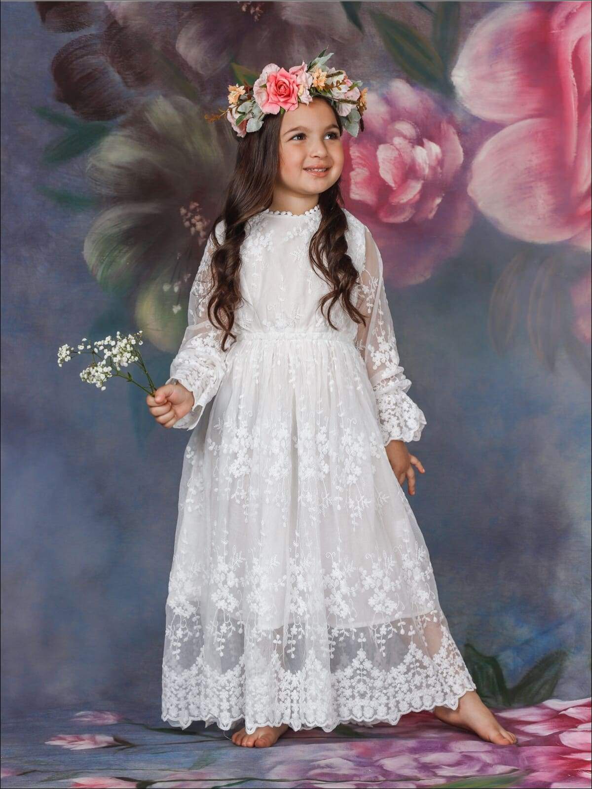 Girls Maxi Elegant Lace Dress - White / 4T/5Y - Girls Spring Casual Dress