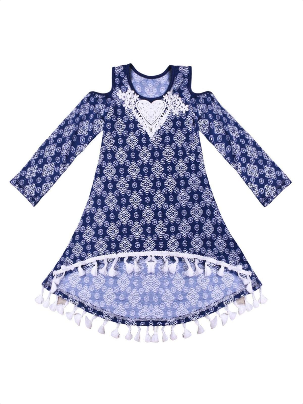 Little girls long-sleeve cold-shoulder medallion print tunic with embroidered lace heart at the collar,  heart elbow patches. and tassel hemline - Mia Belle Girls