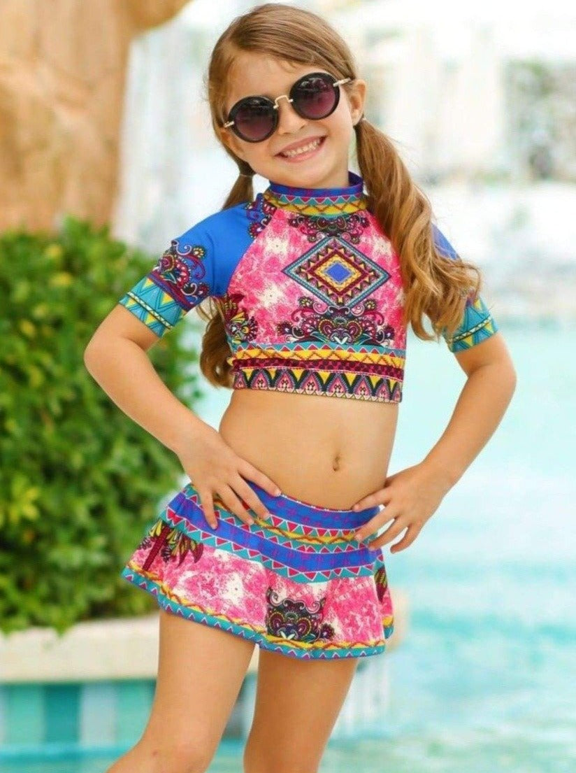 Kids Two Piece Skirted Swimsuits | Girls Abstract Rash Guard Swimsuit