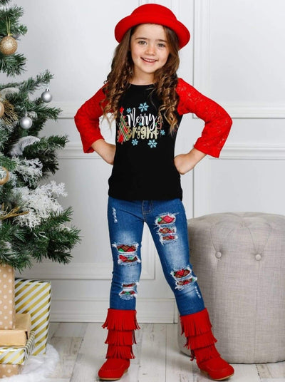 Girls Merry and Bright Lace Graphic Top and Ripped Jeans Set - Girls Christmas Set